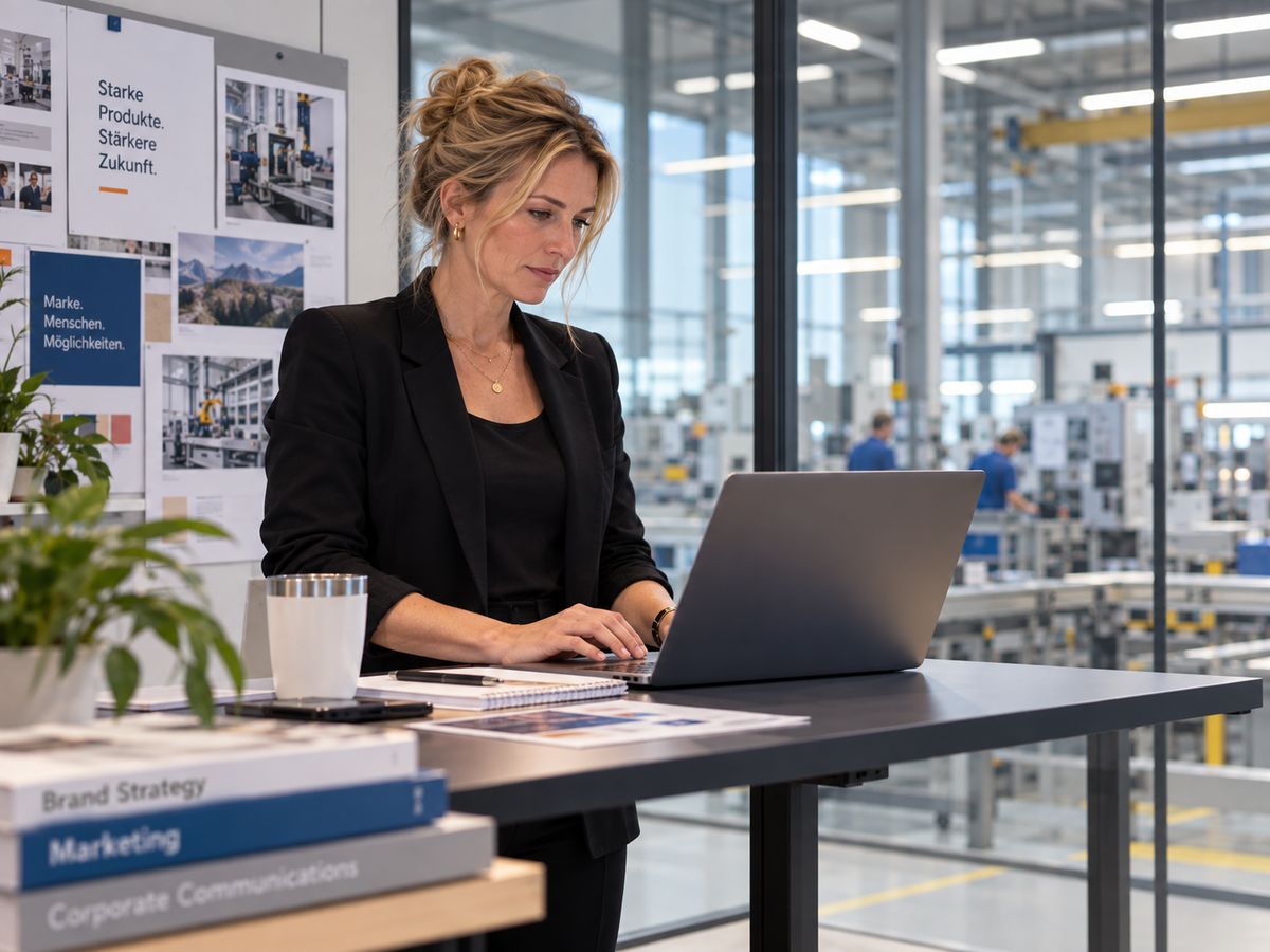 Marketingleiterin eines Maschinenbauers arbeitet am Laptop mit Blick auf die Fertigungshalle.