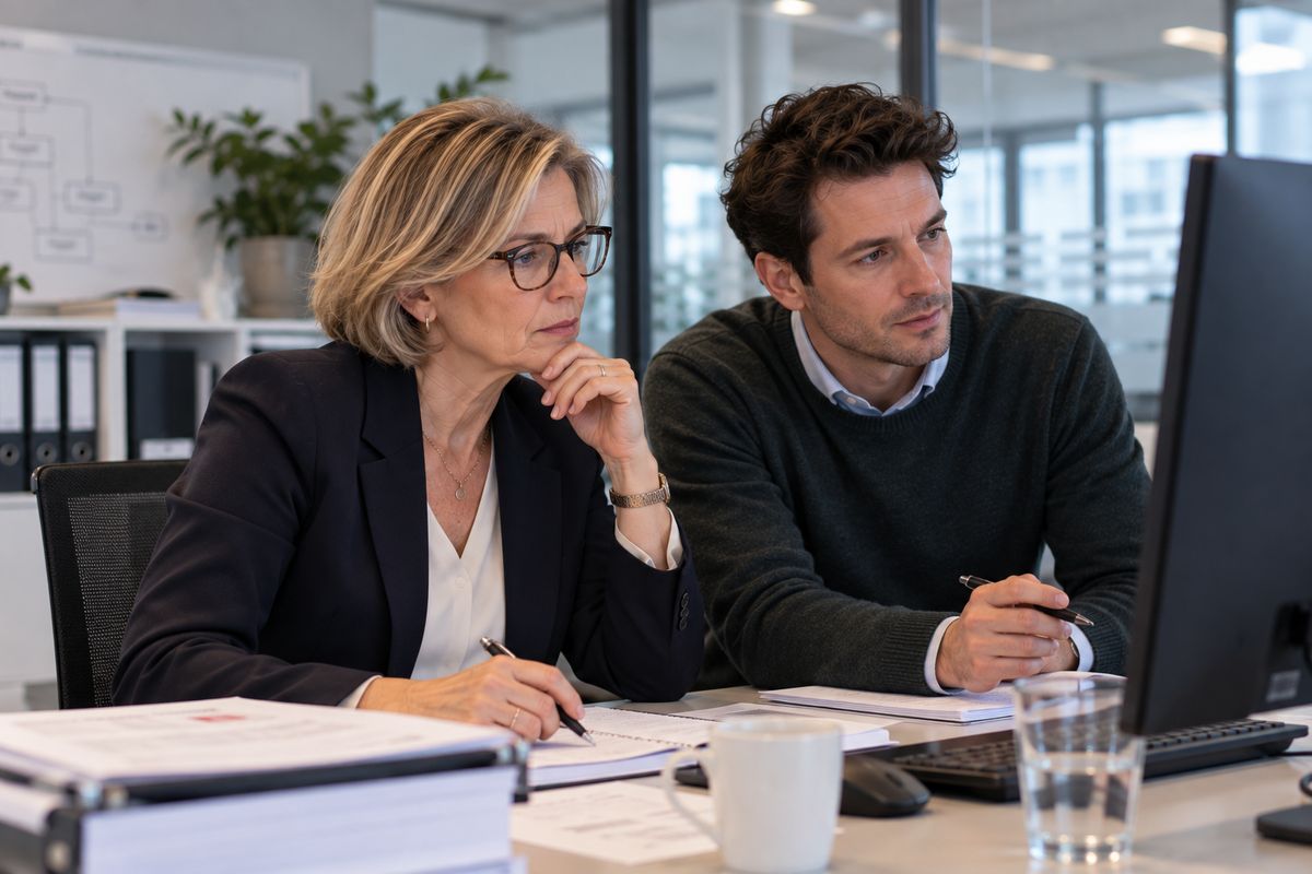 Eine Compliance-Referentin und ein Marketing-Kollege prüfen gemeinsam einen KI-Textvorschlag am Bildschirm.