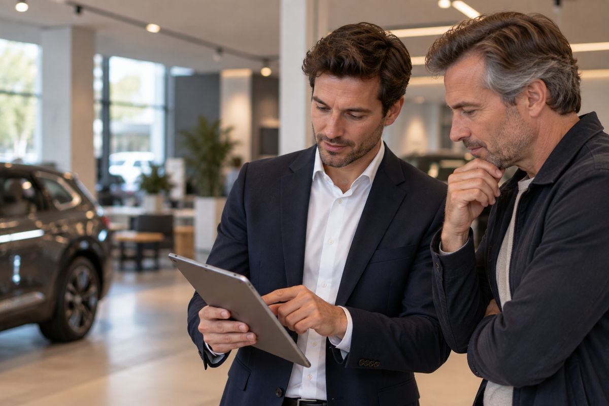 A sales adviser discusses the end-of-lease options with a customer at the car dealership