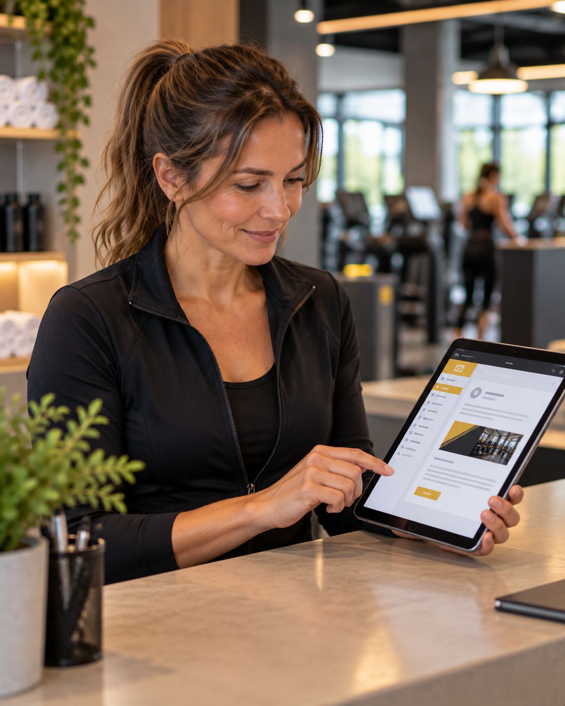 The manager of a fitness studio checks a campaign in her location's design on a tablet at reception