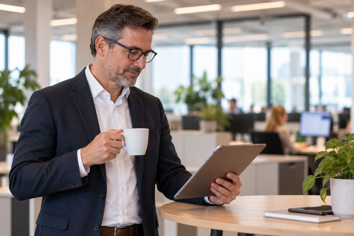 A head of sales reads the daily campaign overview on his tablet at a standing table in the morning