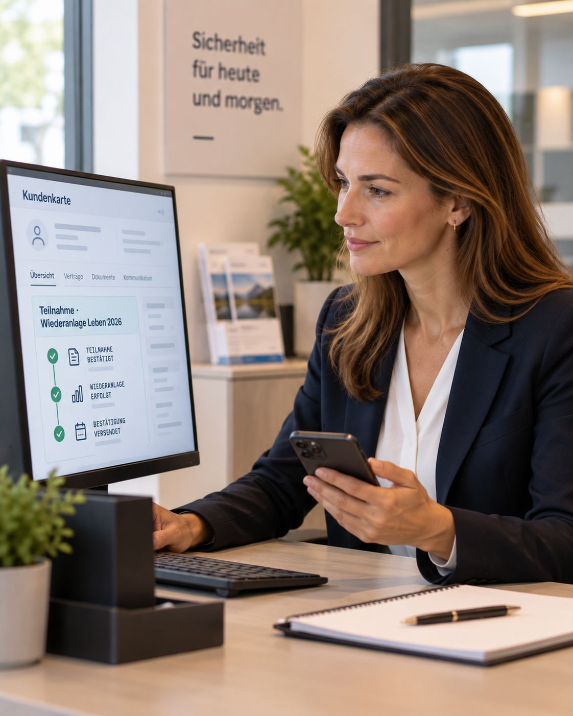 An adviser looks at the customer card on screen before a customer call