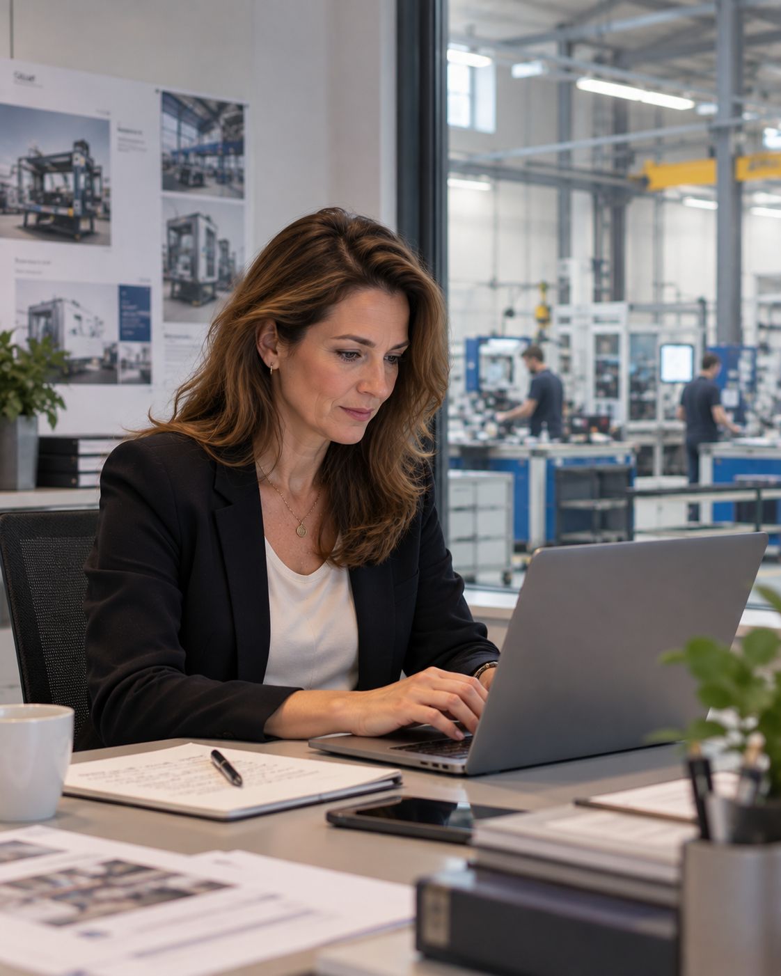 Eine Marketingleiterin eines Maschinenbauers plant am Laptop eine Kampagne, im Hintergrund die Montagehalle