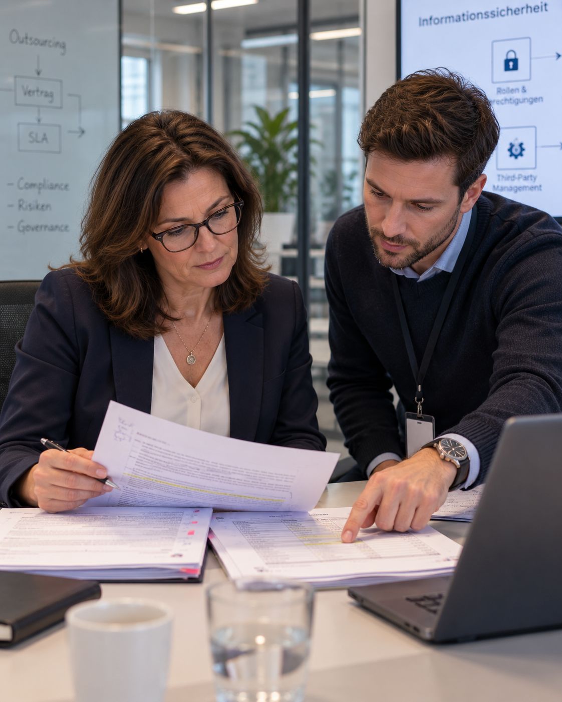 Two employees of a financial institution review outsourcing contract documents.